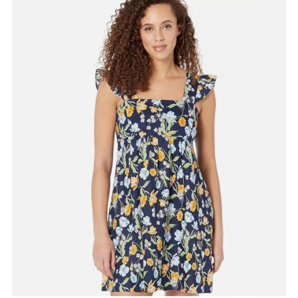 Draper James Linen Dress Women Floral Navy Blue Sleeveless Ruffle Fit Flared XL